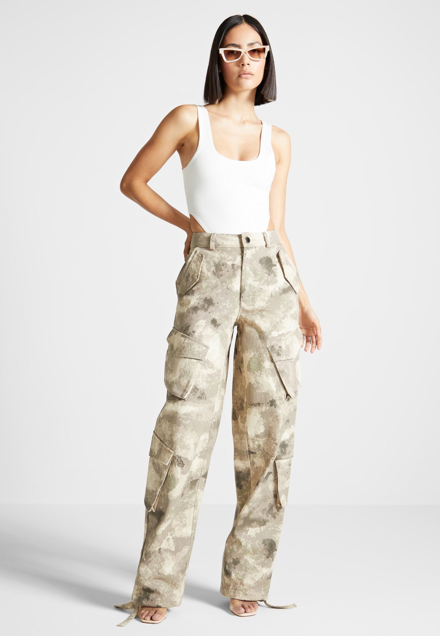 Beige Flared Cargo Pants Camo Bellbottom Low Rise Trousers 
