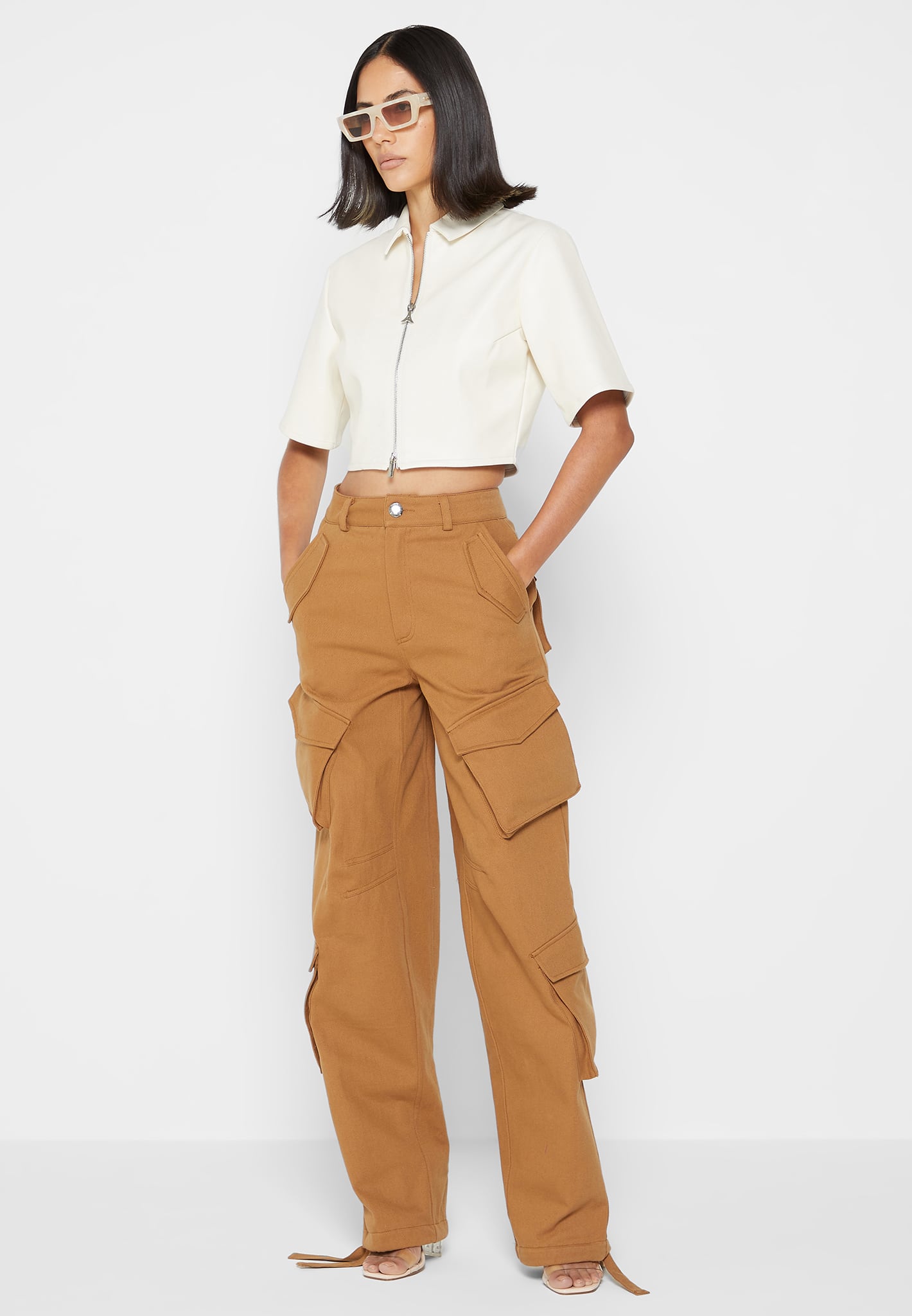 Women's Vintage Solid Color Cargo Pants High Waist Button Down