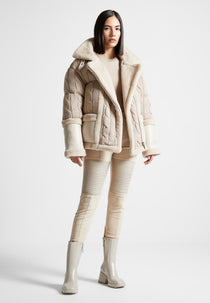 Tara - Knit and Plush Puffer Biker Jacket - Beige