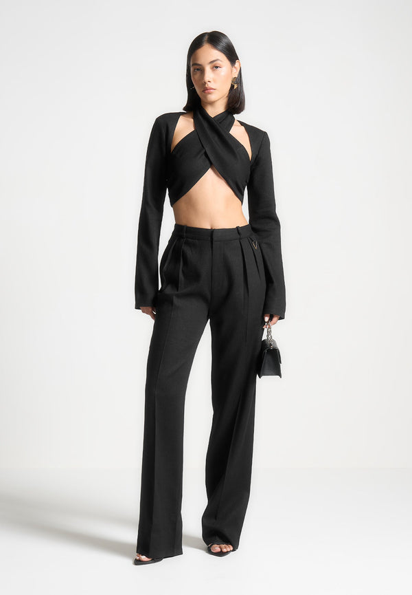 Wendy - Linen Crossover Bolero Top - Black