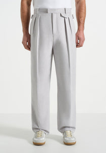 Pierre - Relaxed Fit Textured Pleated Tailored Trousers - Light Grey