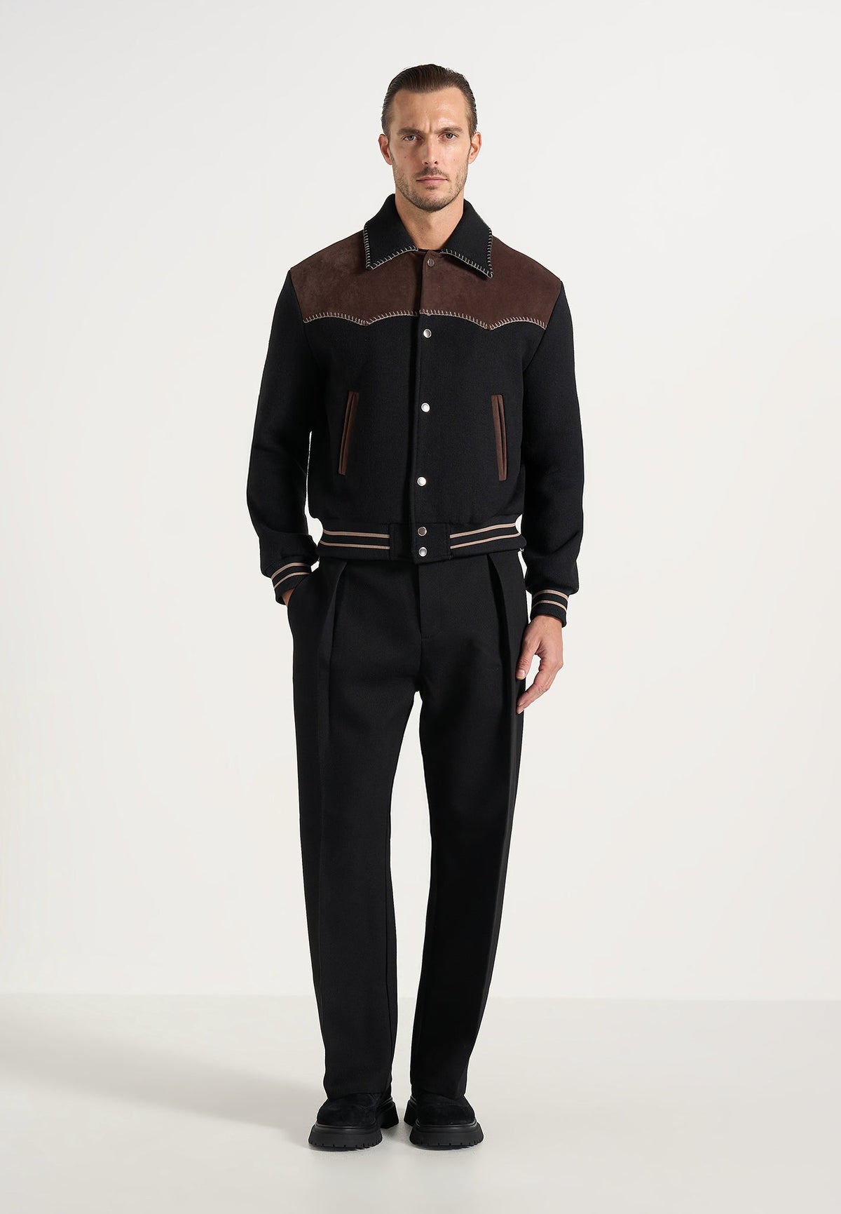 Suede and Wool-Blend Whipstitch Varsity Jacket - Black/Brown