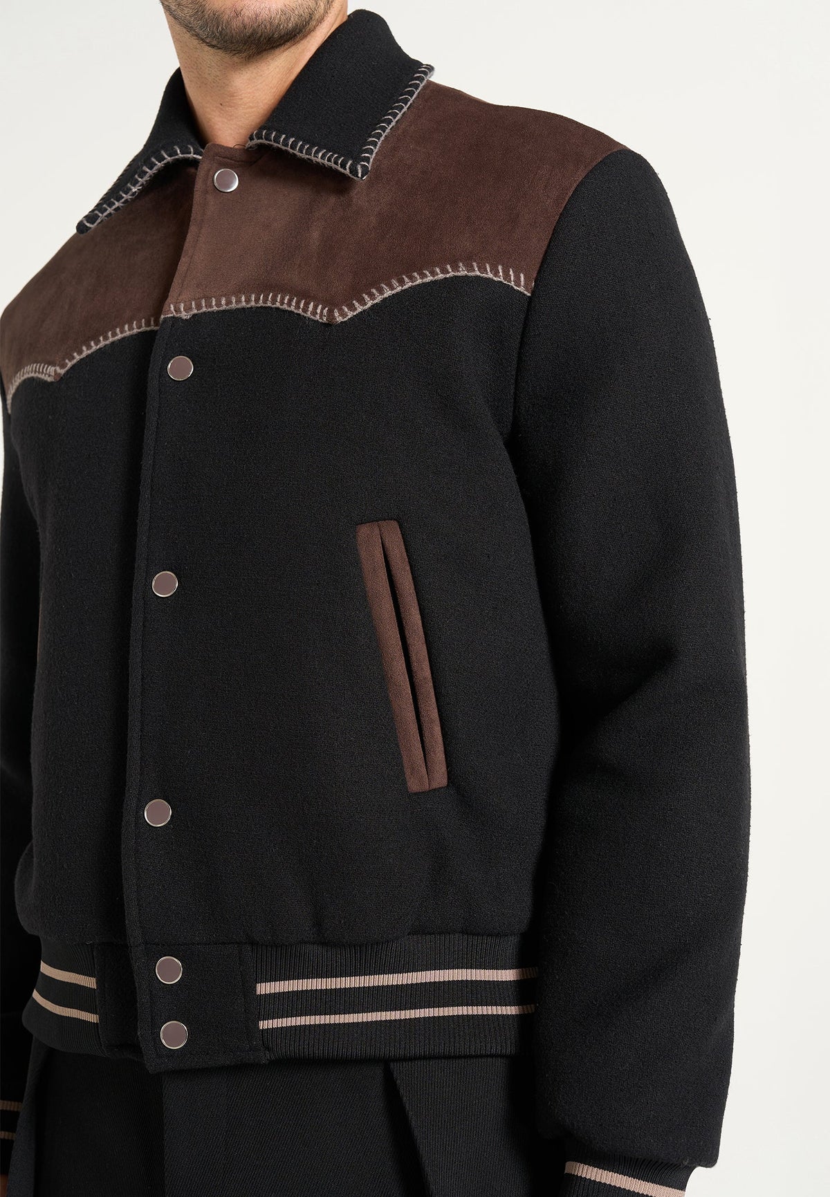 Suede and Wool-Blend Whipstitch Varsity Jacket - Black/Brown