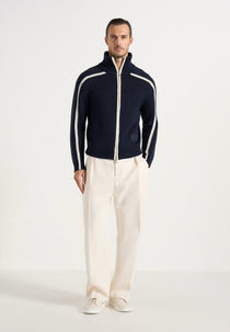 Malo - Contrast Piped Wool-Blend Zip-Through Cardigan - Navy