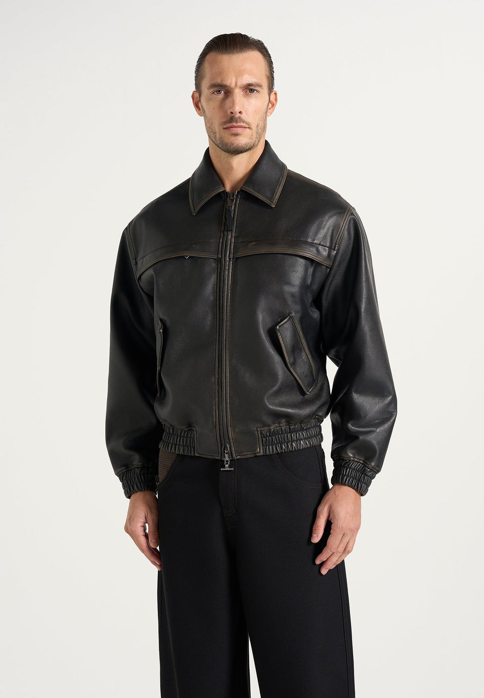 Clint - Vintage Leather Bomber Jacket - Black
