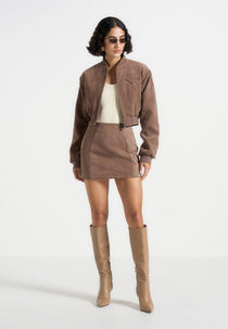 Cleo - Suede A-Line Mini Skirt - Taupe