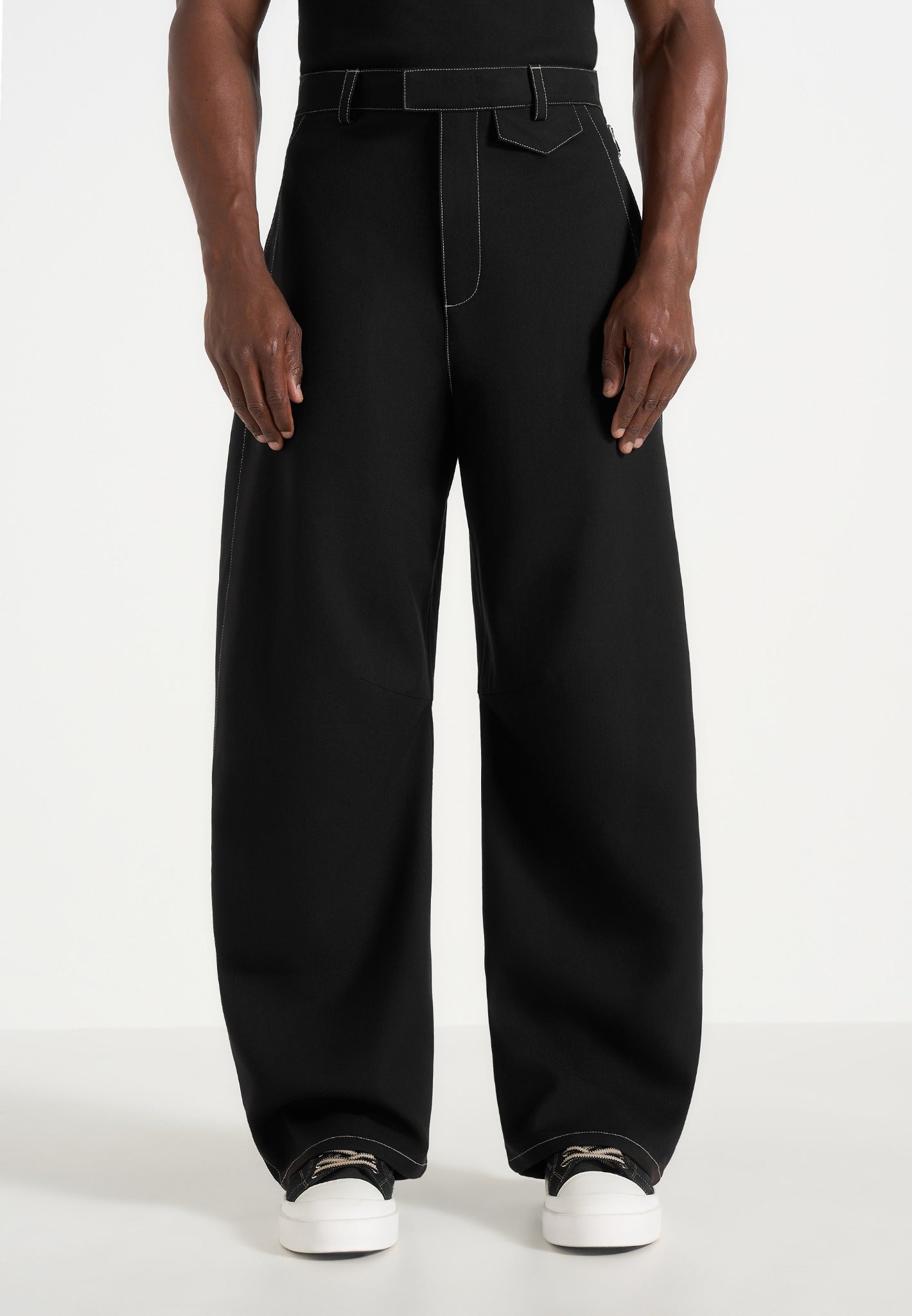 Marceau - Contrast Stitch Barrel Leg Pants - Black