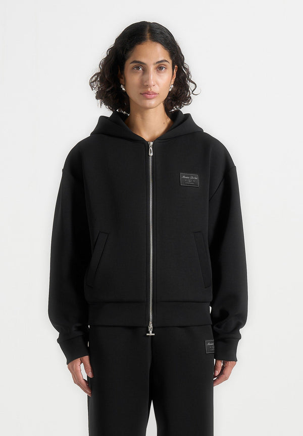 Ray - Unisex Neoprene Cropped Zip Hoodie - Black