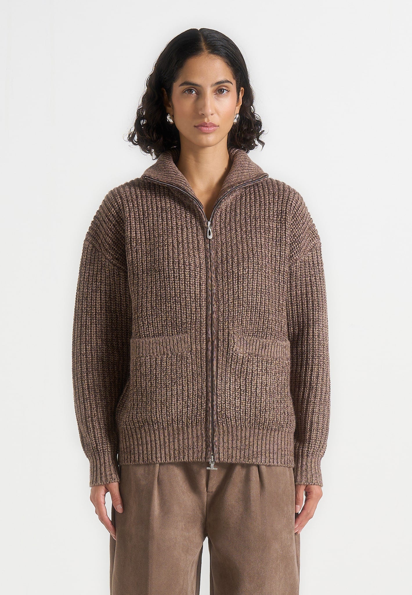 Jamie - Unisex Speckled Wool Zip Through Jacket - Taupe