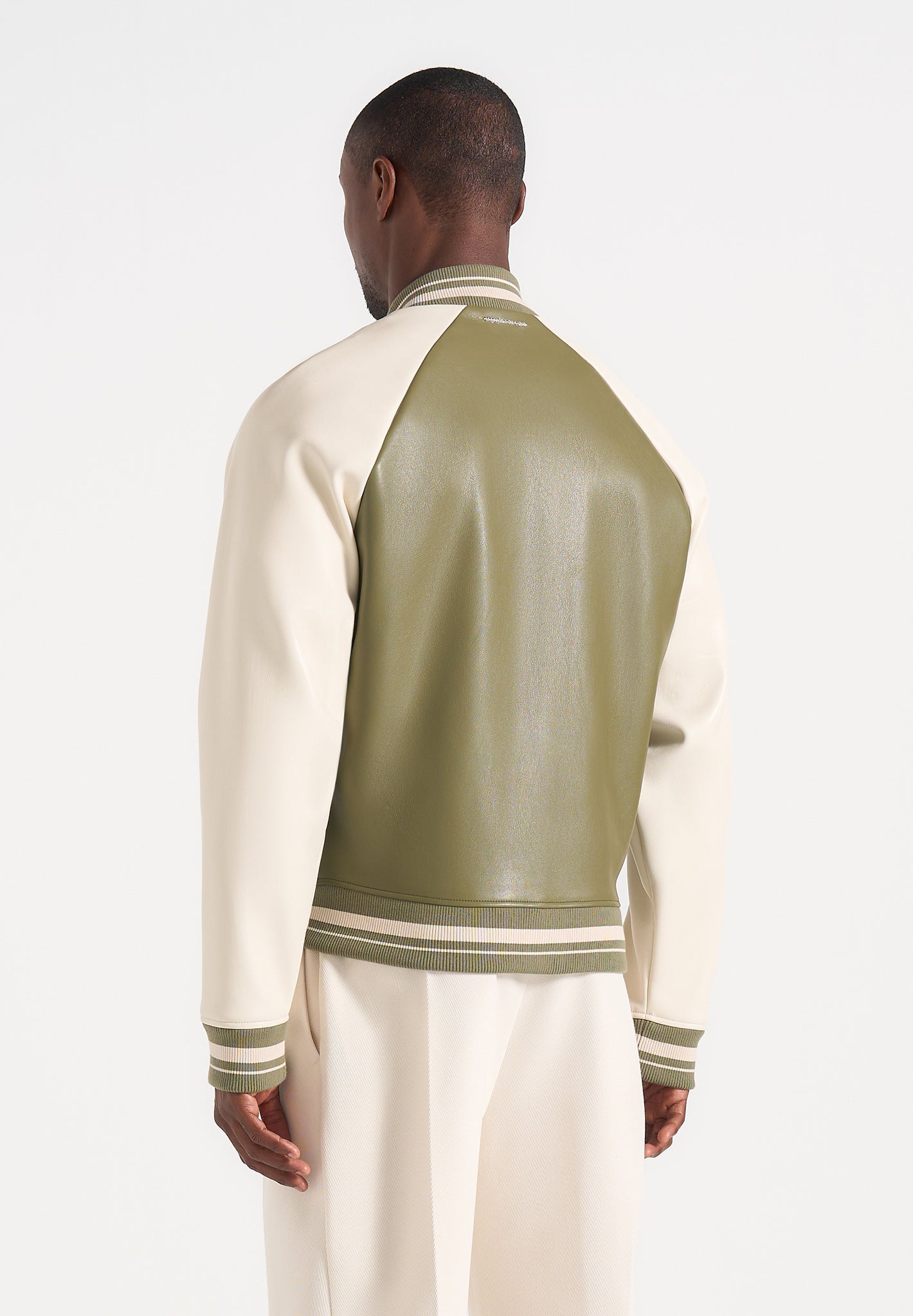 Guy - Contrast Leather Bomber Jacket - Olive/Cream