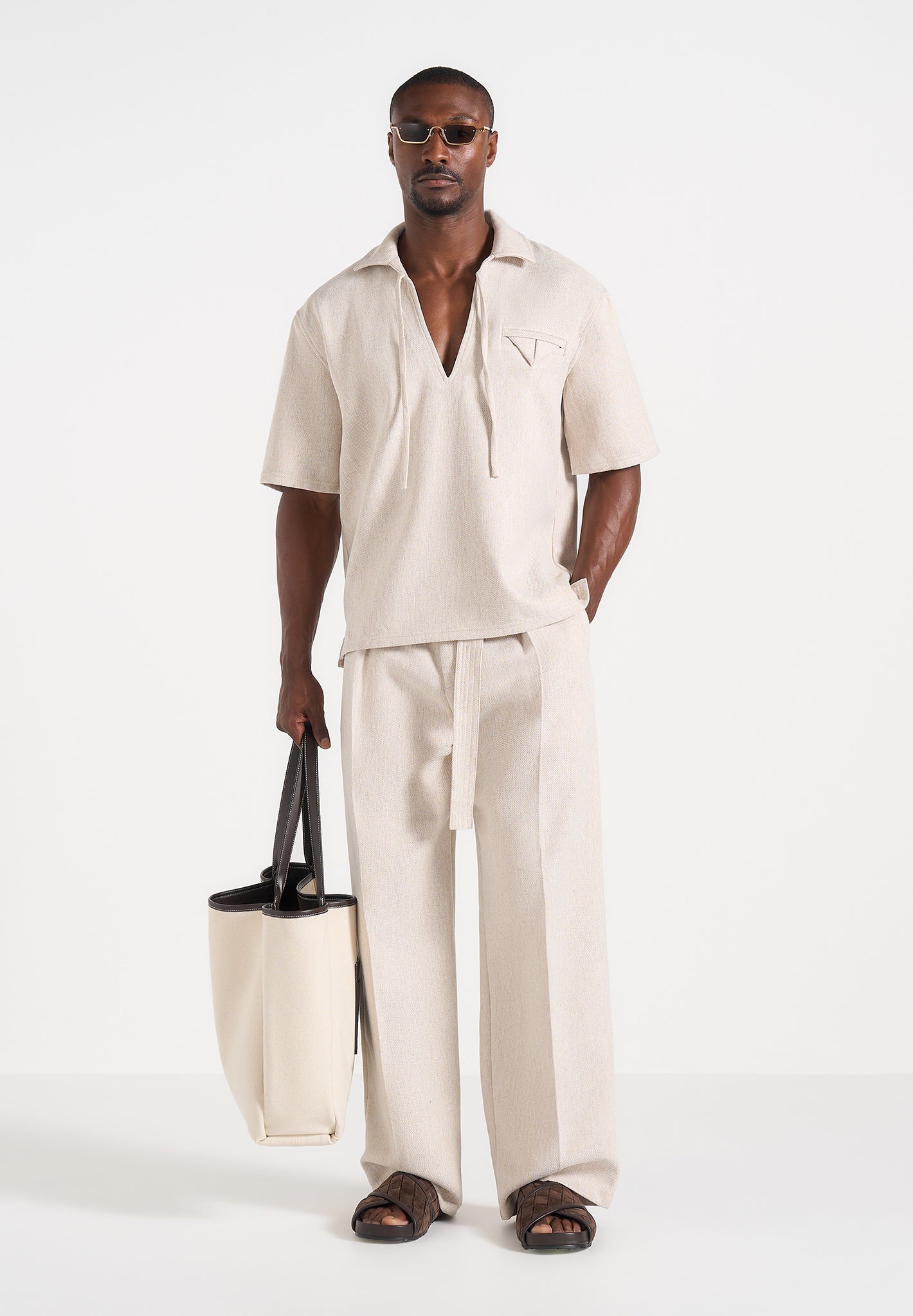 Loic -  Wide Leg Textured Pants with Belt - Cream 