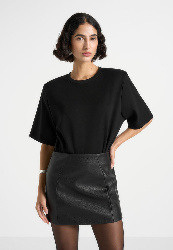 Mia - Wide Shoulder Bodysuit T-Shirt - Black