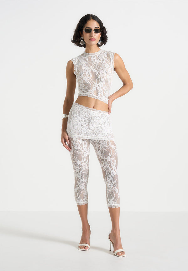 Aimee - Lace Asymmetric Capri Leggings - White