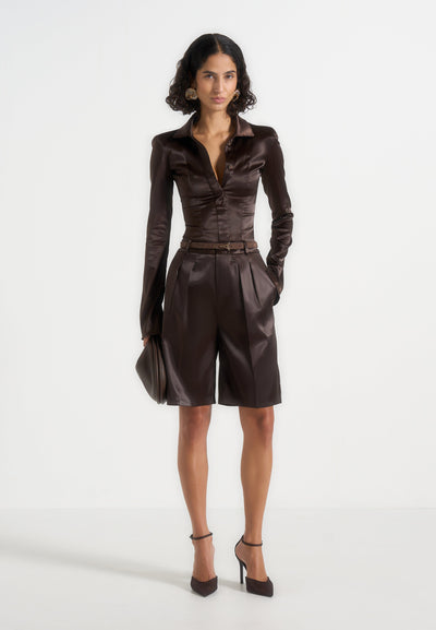 lorette-satin-double-pleat-shorts-brown
