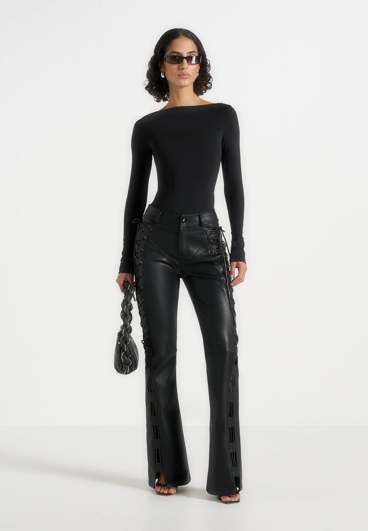 Ambre - Leather Lace Up Flared Pants - Black