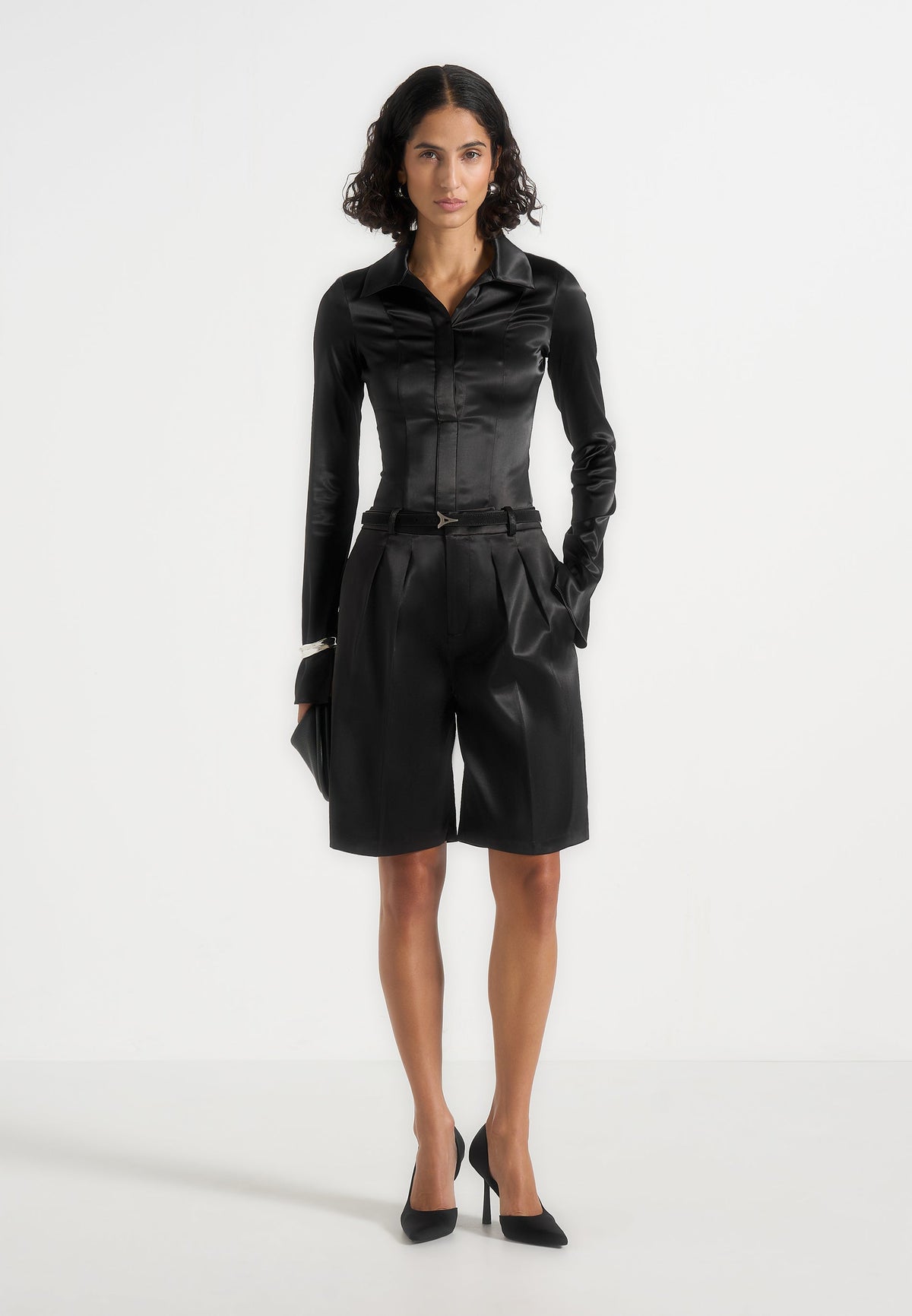 Lorette - Twin Pleat Satin Shorts - Black