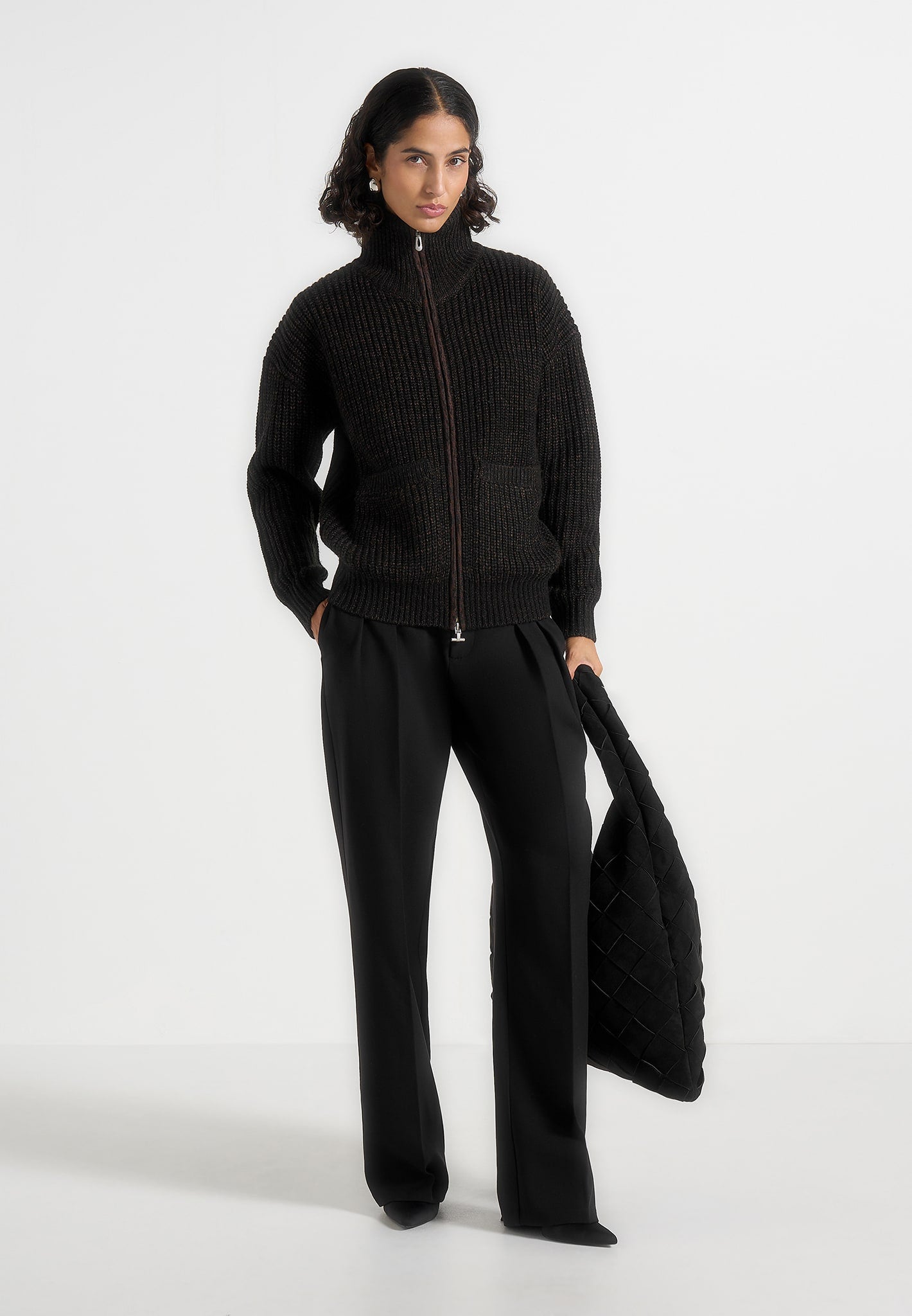 Jamie - Unisex Speckled Wool Zip Through Jacket - Black