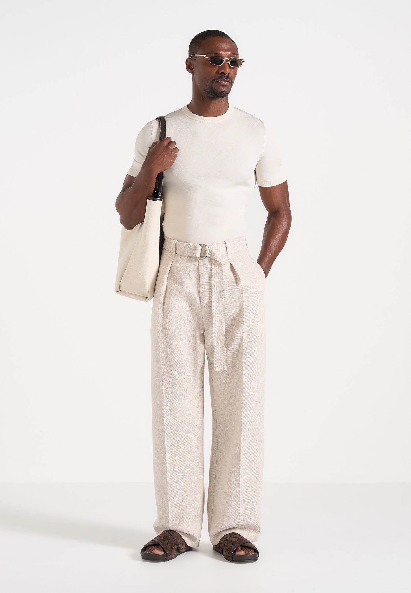 Loic -  Wide Leg Textured Pants with Belt - Cream 