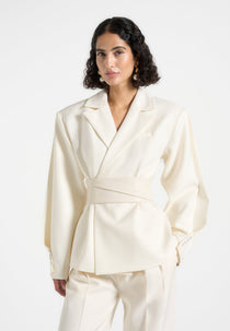 Marie - Twist Sleeve Tailored Blazer with Belt - Off White