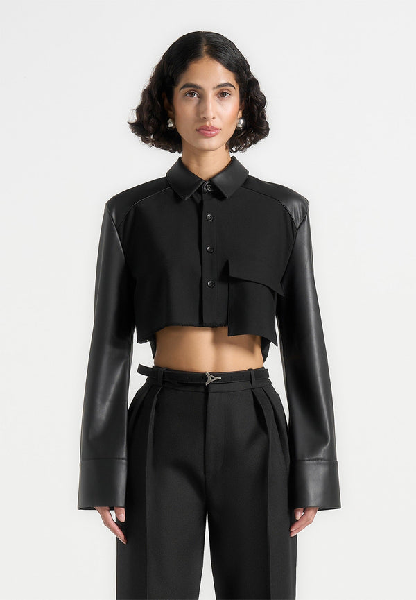 Bernadette - Leather Contrast Cropped Shirt - Black