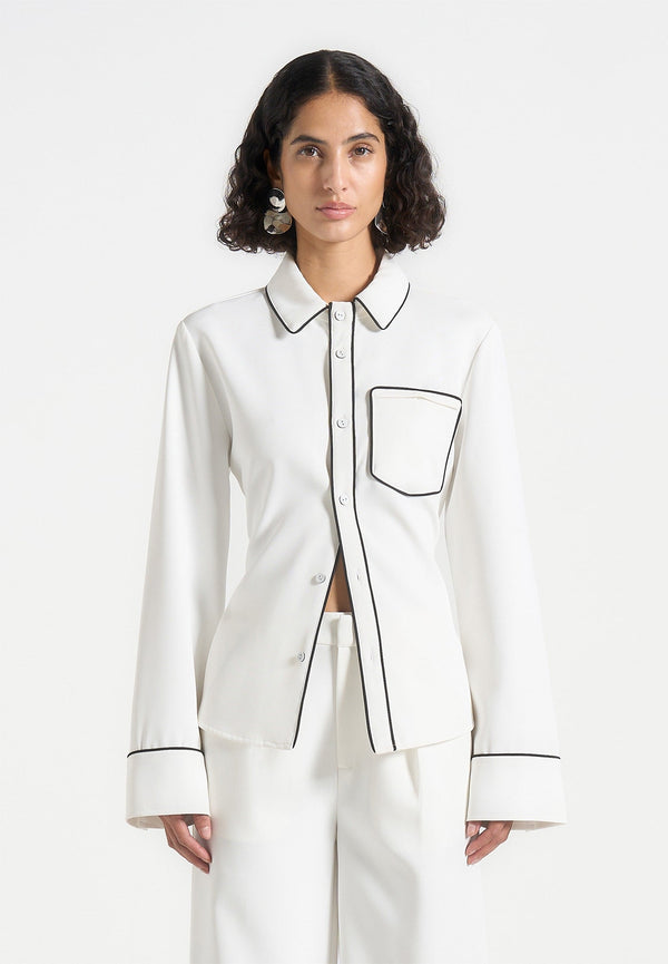 Contrast Piped Backless Tie Shirt - White/Black