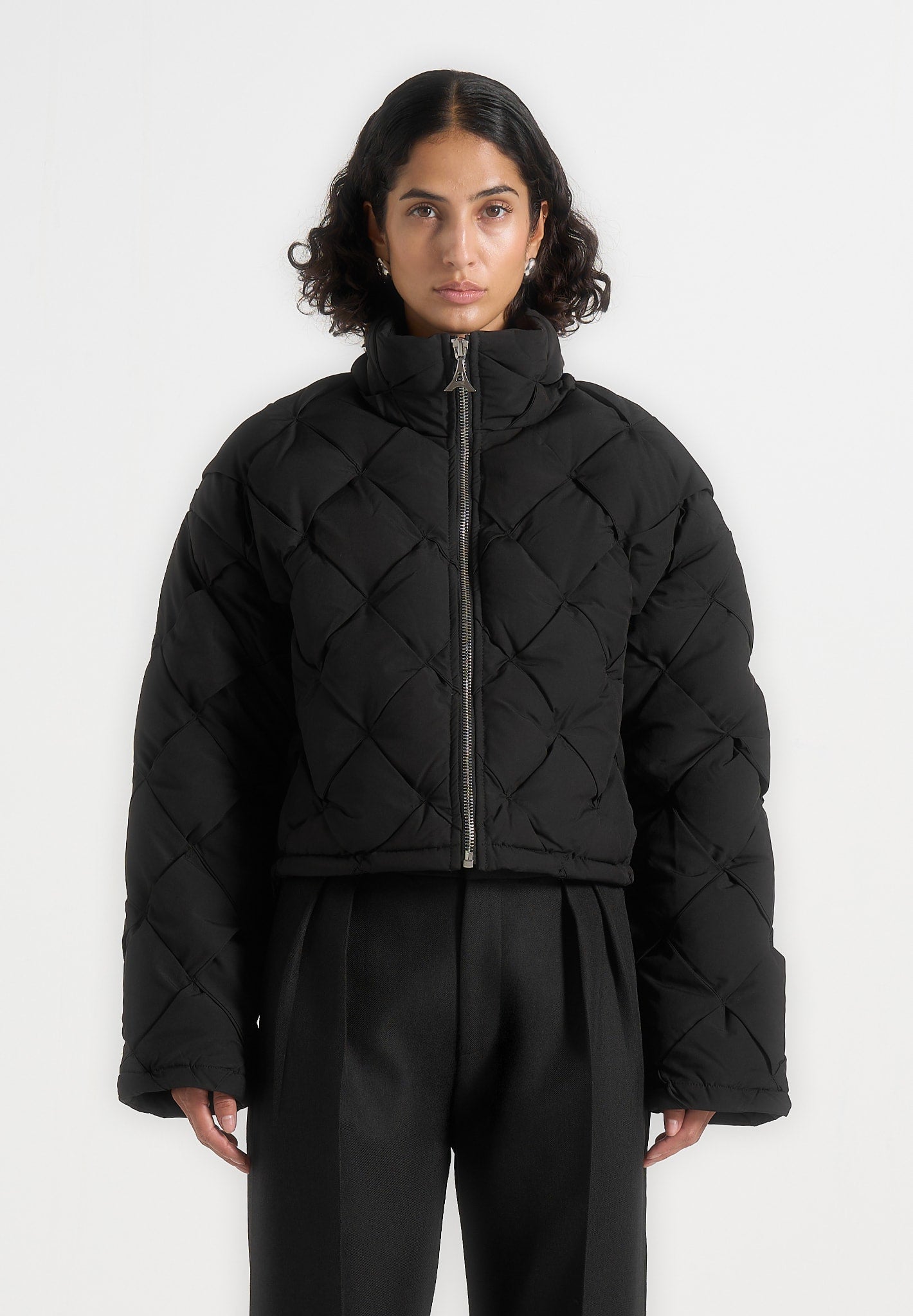 Woven Interlock Puffer Jacket - Black