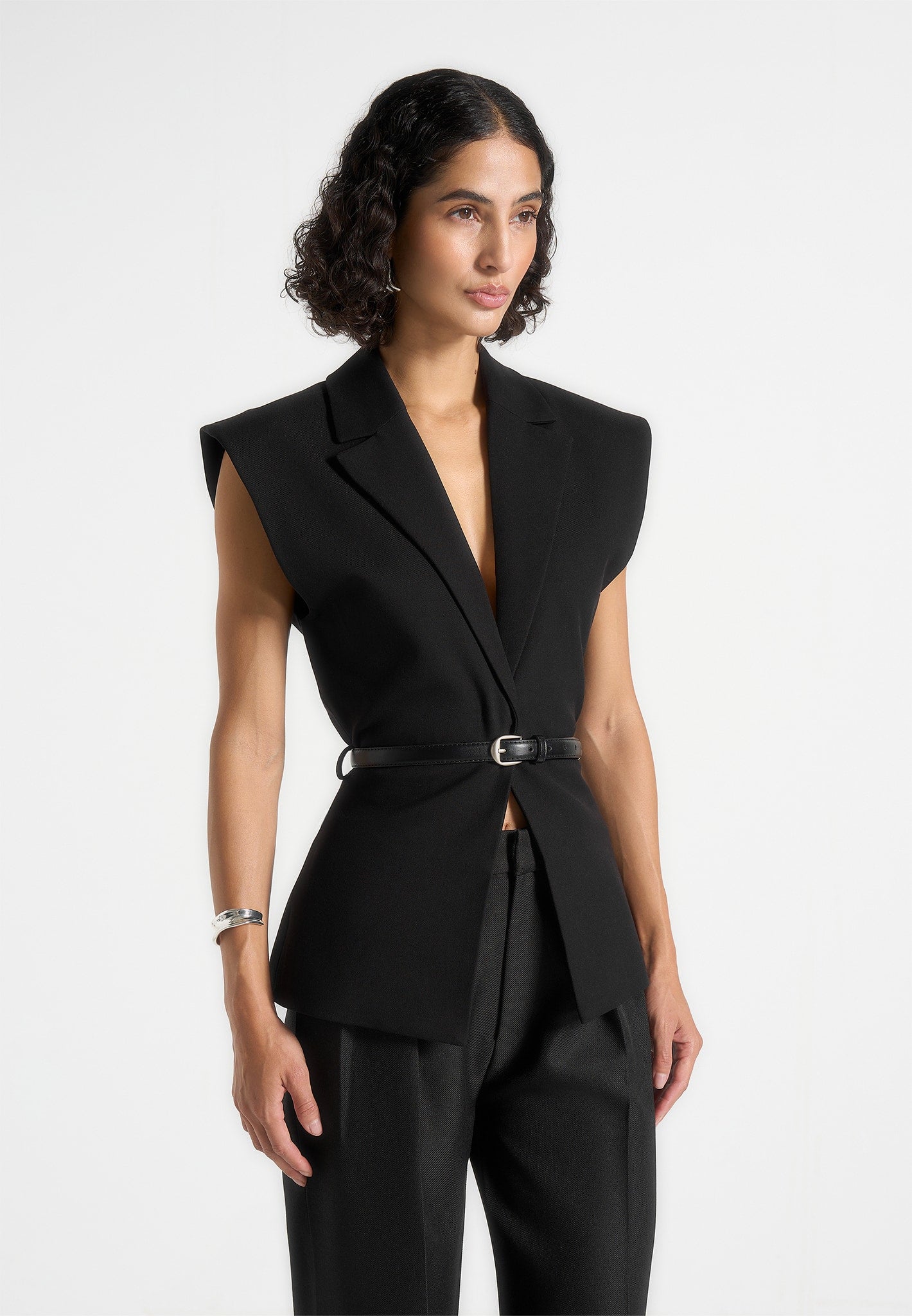 Linda - Tailored Wide Shoulder Cinched Waistcoat - Black