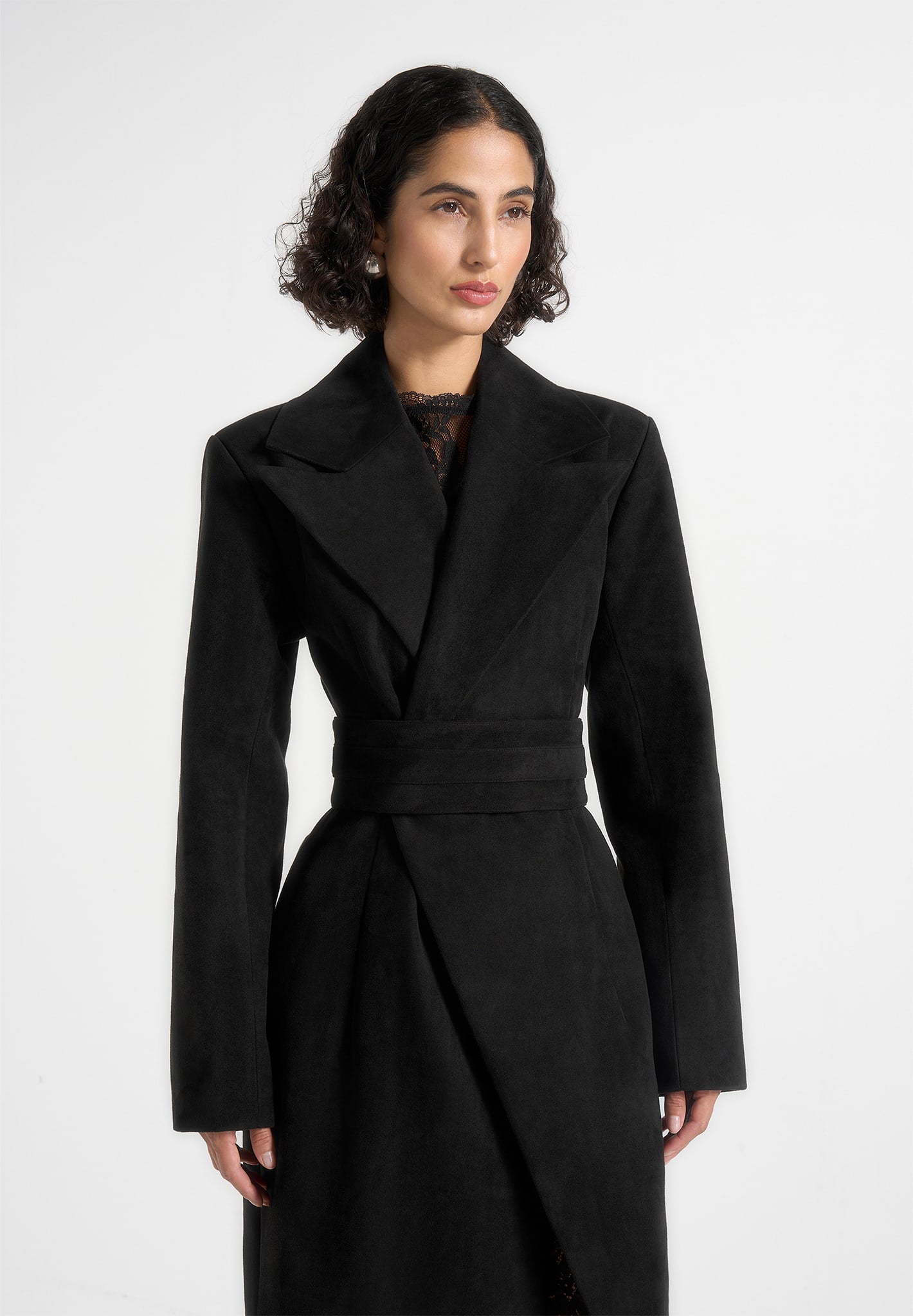 Esma - Suede Asymmetric Coat with Cinch Belt - Black 