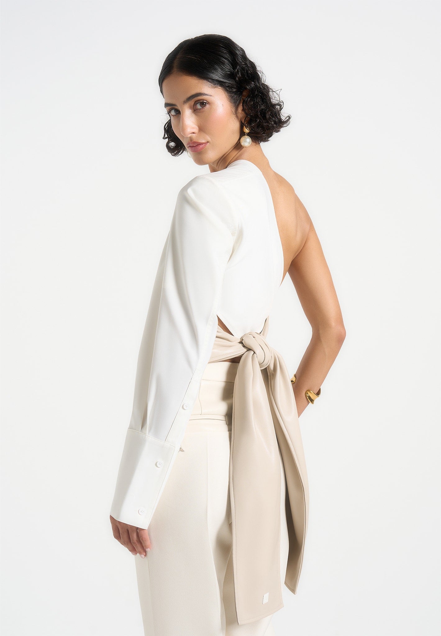 Coralie - One Sleeve Leather Wrap Top - White