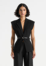 Linda - Tailored Wide Shoulder Cinched Waistcoat - Black