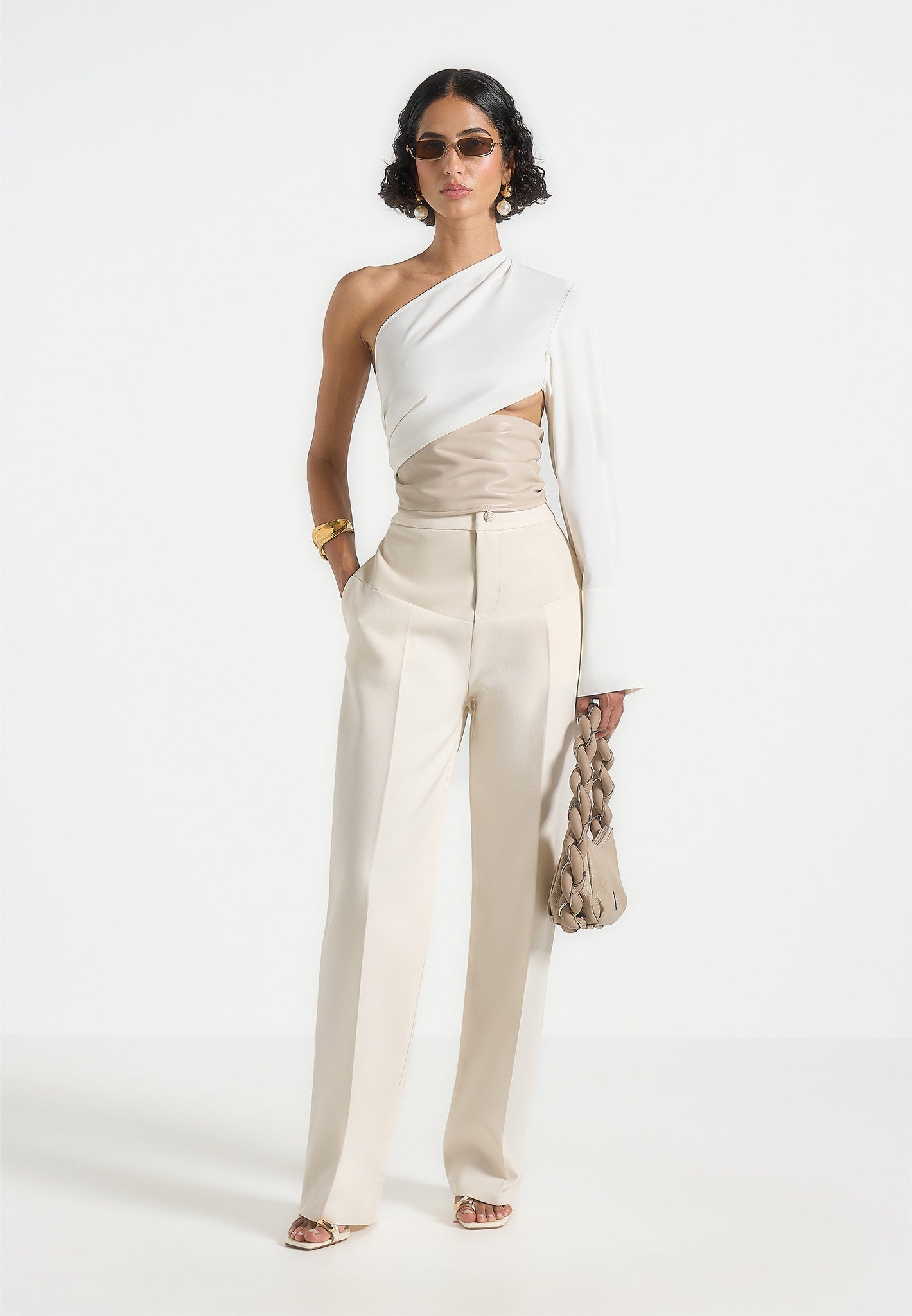 Coralie - One Sleeve Leather Wrap Top - White