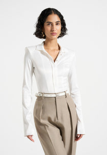Louise - Wide Shoulder Satin Shirt Bodysuit - Off White