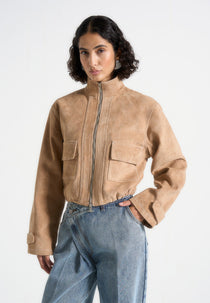 Nawel - Suede Contrast Stitch Jacket With Cinched Hem - Beige