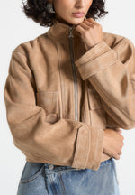 Nawel - Suede Contrast Stitch Jacket With Cinched Hem - Beige