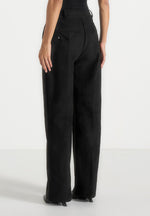 Solene - Suede Wide Leg Pleated Trousers - Black