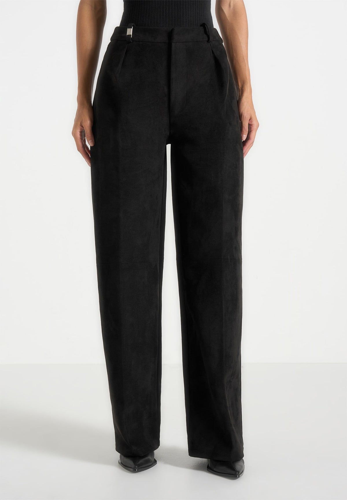 Solene - Suede Wide Leg Pleated Pants - Black