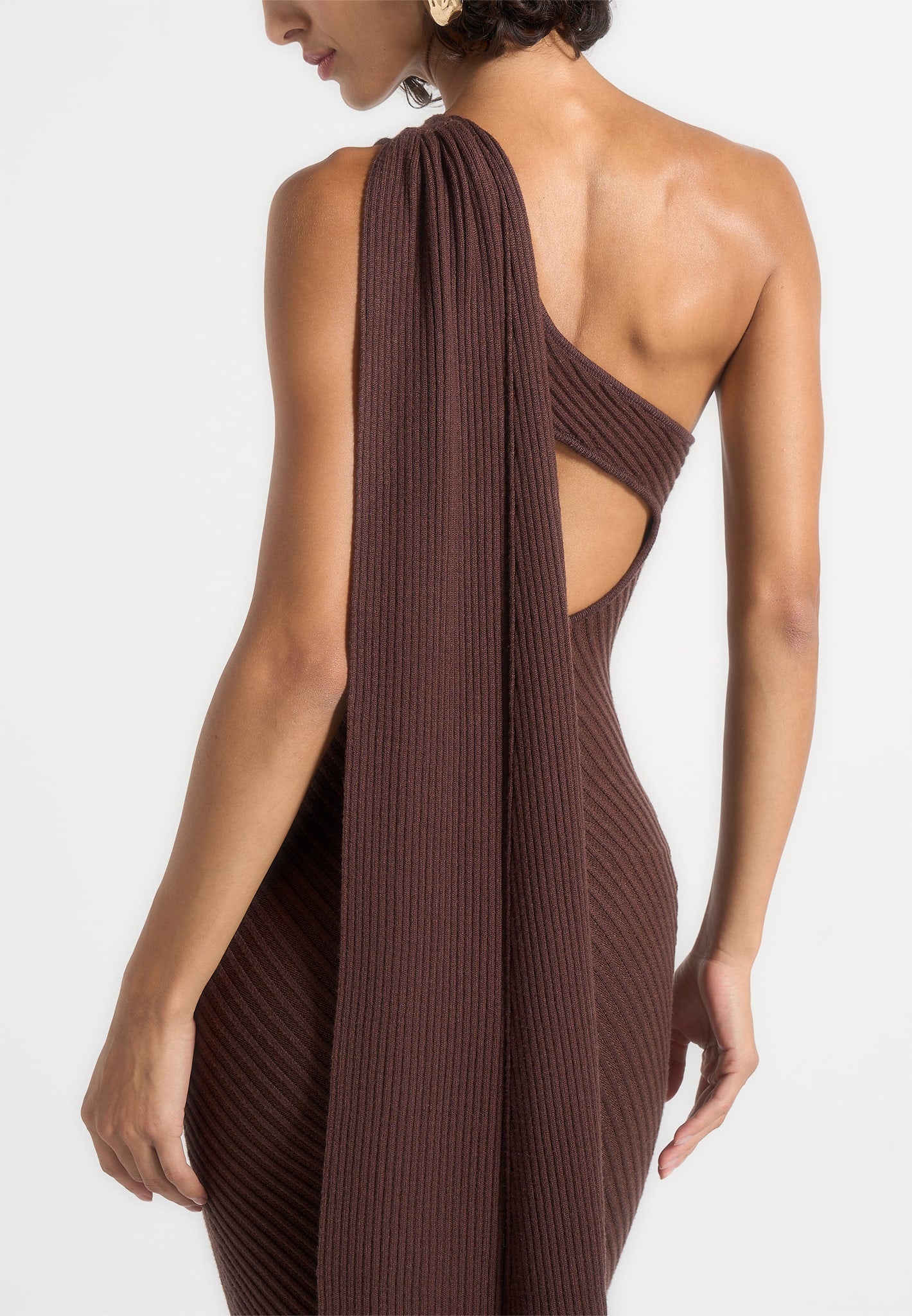Laya - Asymmetric Knit Midaxi Dress With Scarf - Brown 