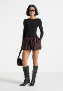 Zoe - Satin Balloon Shorts - Espresso/Black