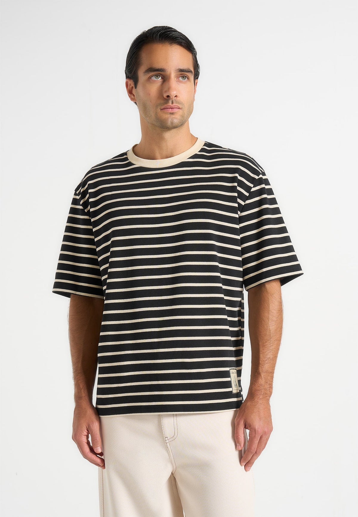 Riley - Unisex Striped Relaxed Fit Cotton T-Shirt - Black/Cream