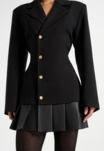 Nicole - Tailored Cinch Blazer Dress with Pleats - Black