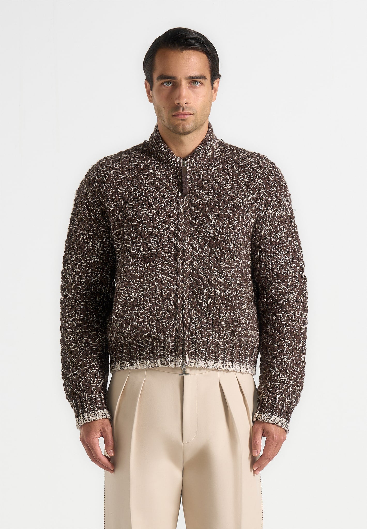 Darel - Speckled Knit Bomber Jacket - Brown 