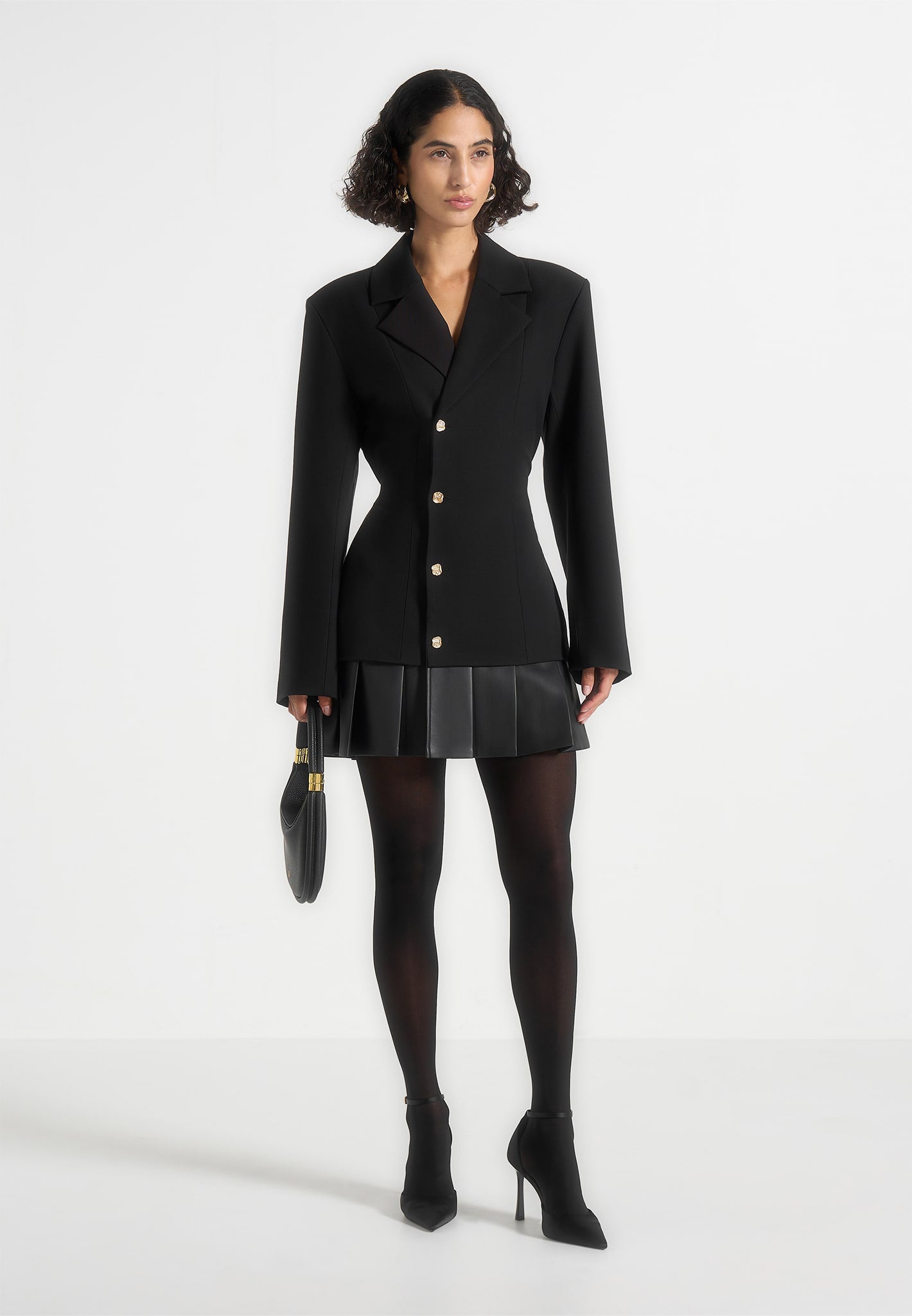 Nicole - Tailored Cinch Blazer Dress with Pleats - Black 