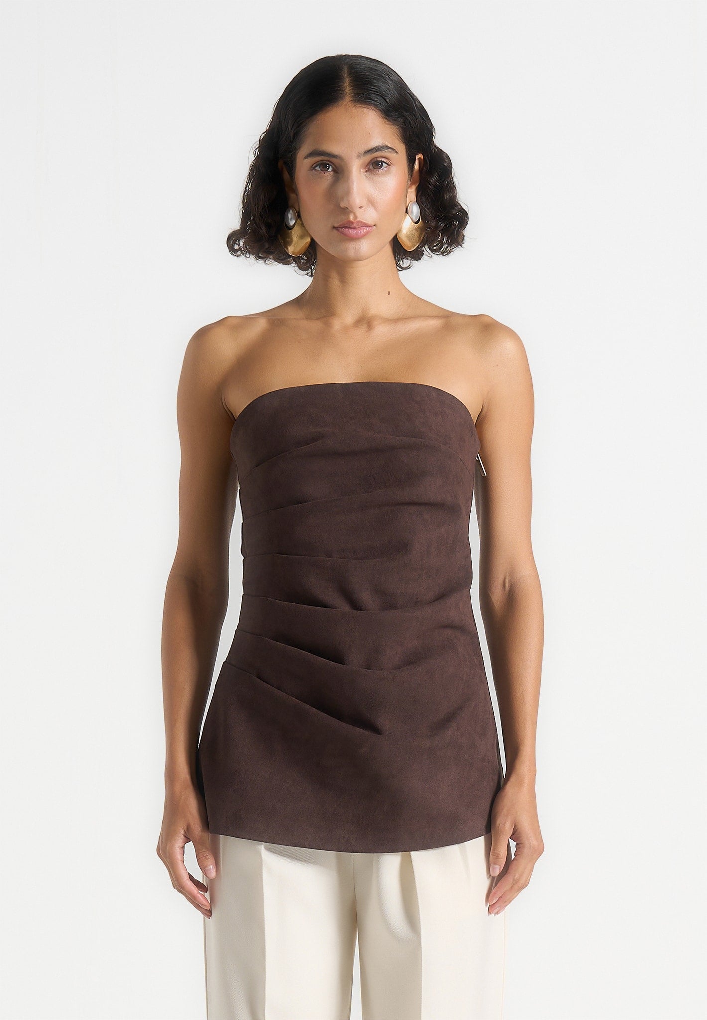 Laurena - Suede Tacked Longline Bandeau Top - Brown