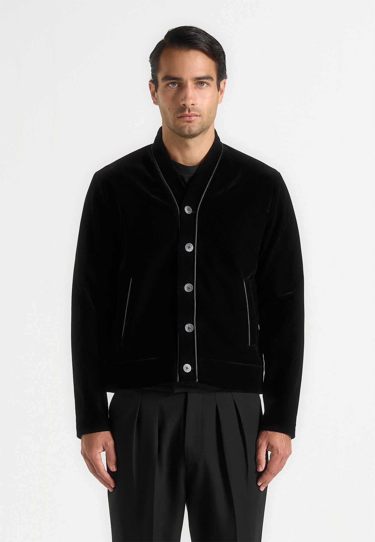 Nassim - Velvet Jacket With Contrast Piping - Black 