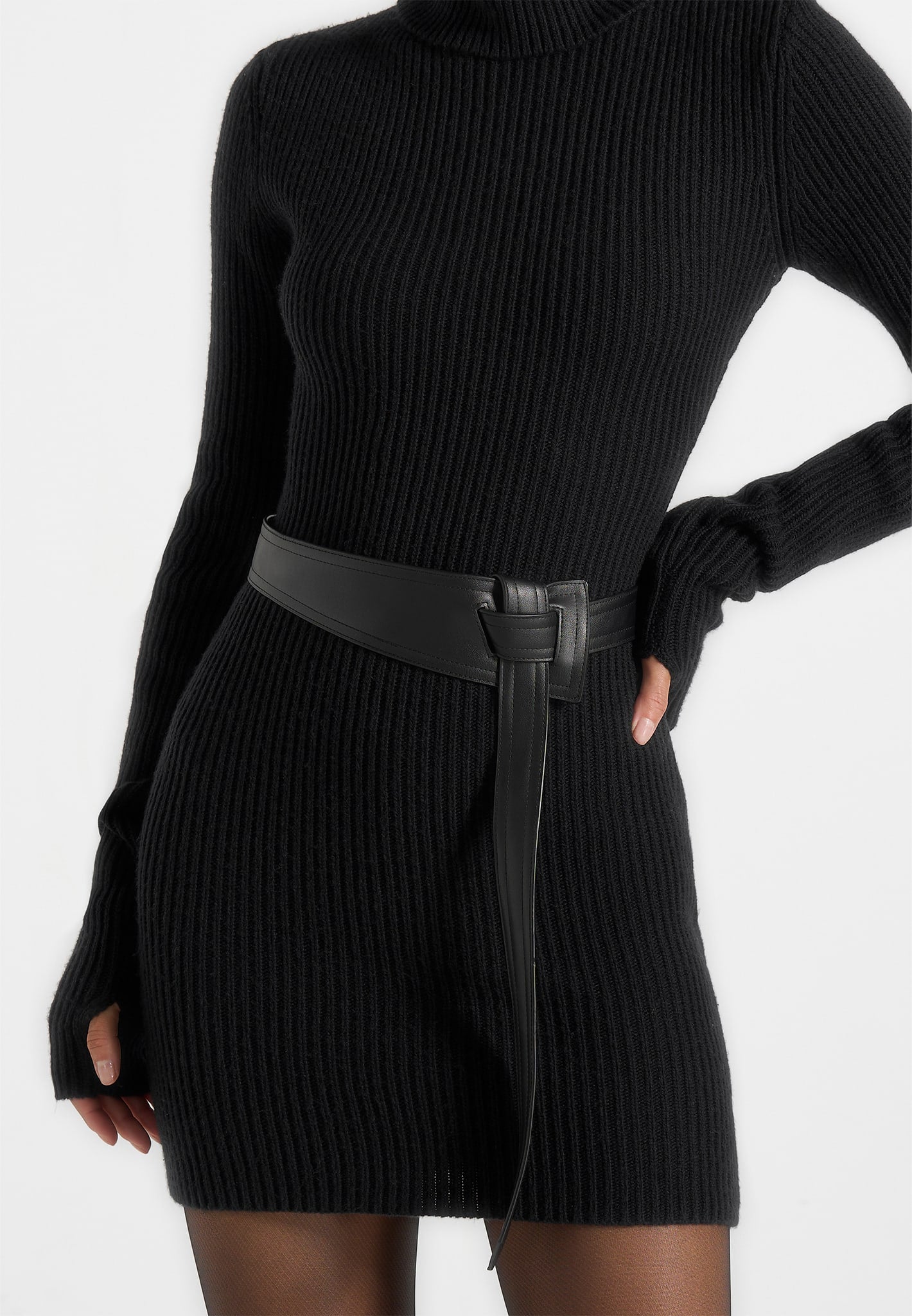 Kalia - Roll Neck Knitted Mini Dress With Belt - Black 