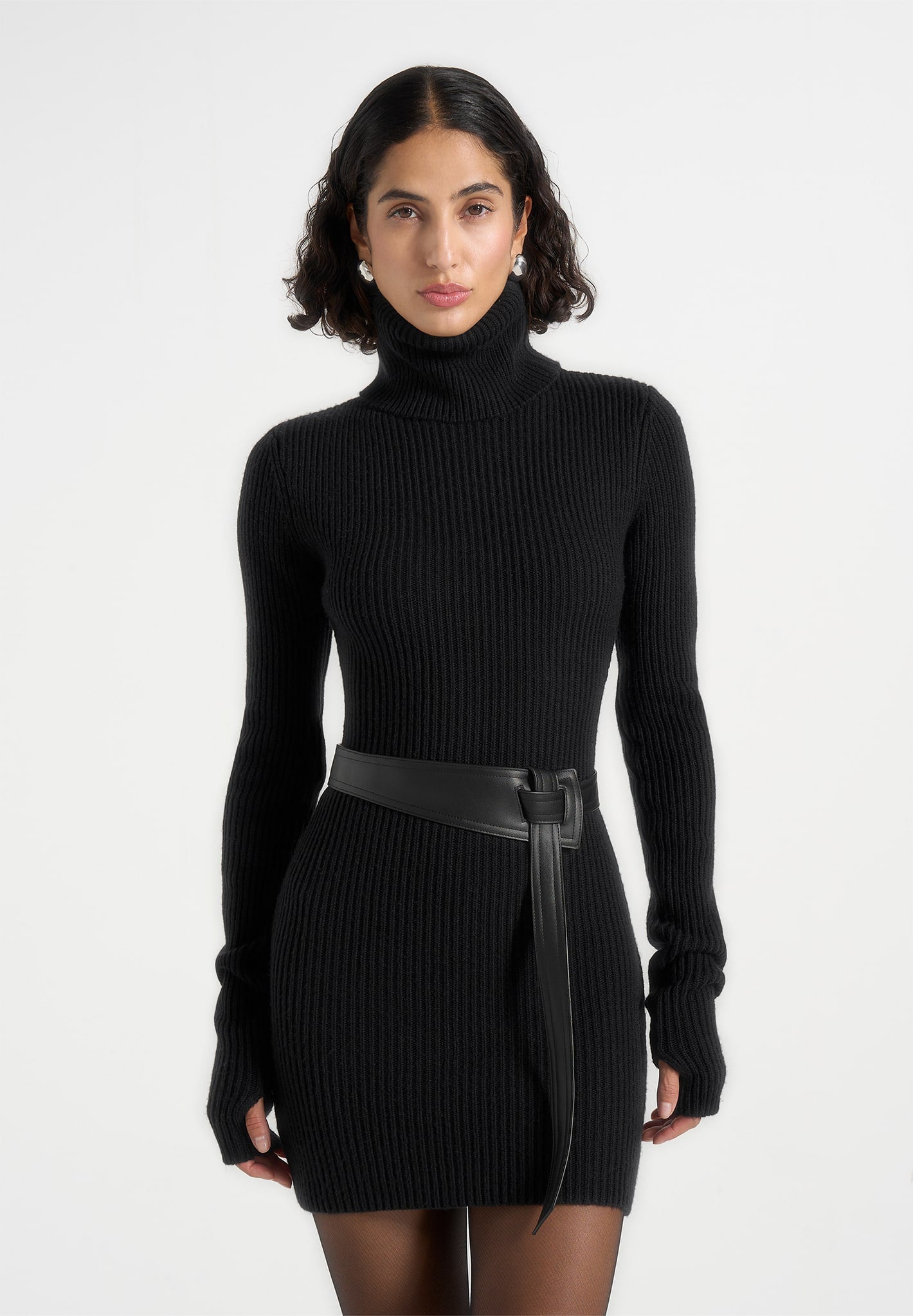Kalia - Roll Neck Knitted Mini Dress With Belt - Black