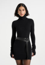 Kalia - Roll Neck Knitted Mini Dress With Belt - Black
