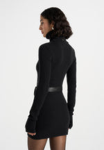 Kalia - Roll Neck Knitted Mini Dress With Belt - Black