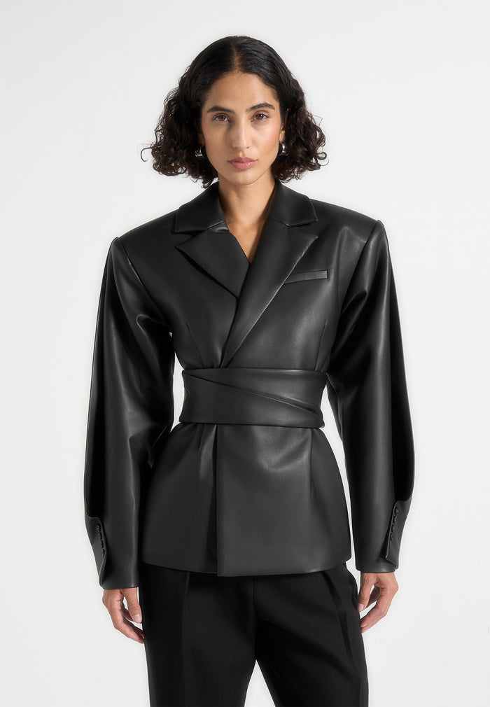 Marie - Twist Sleeve Leather Blazer with Belt - Black