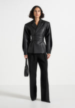 Marie - Twist Sleeve Leather Blazer with Belt - Black